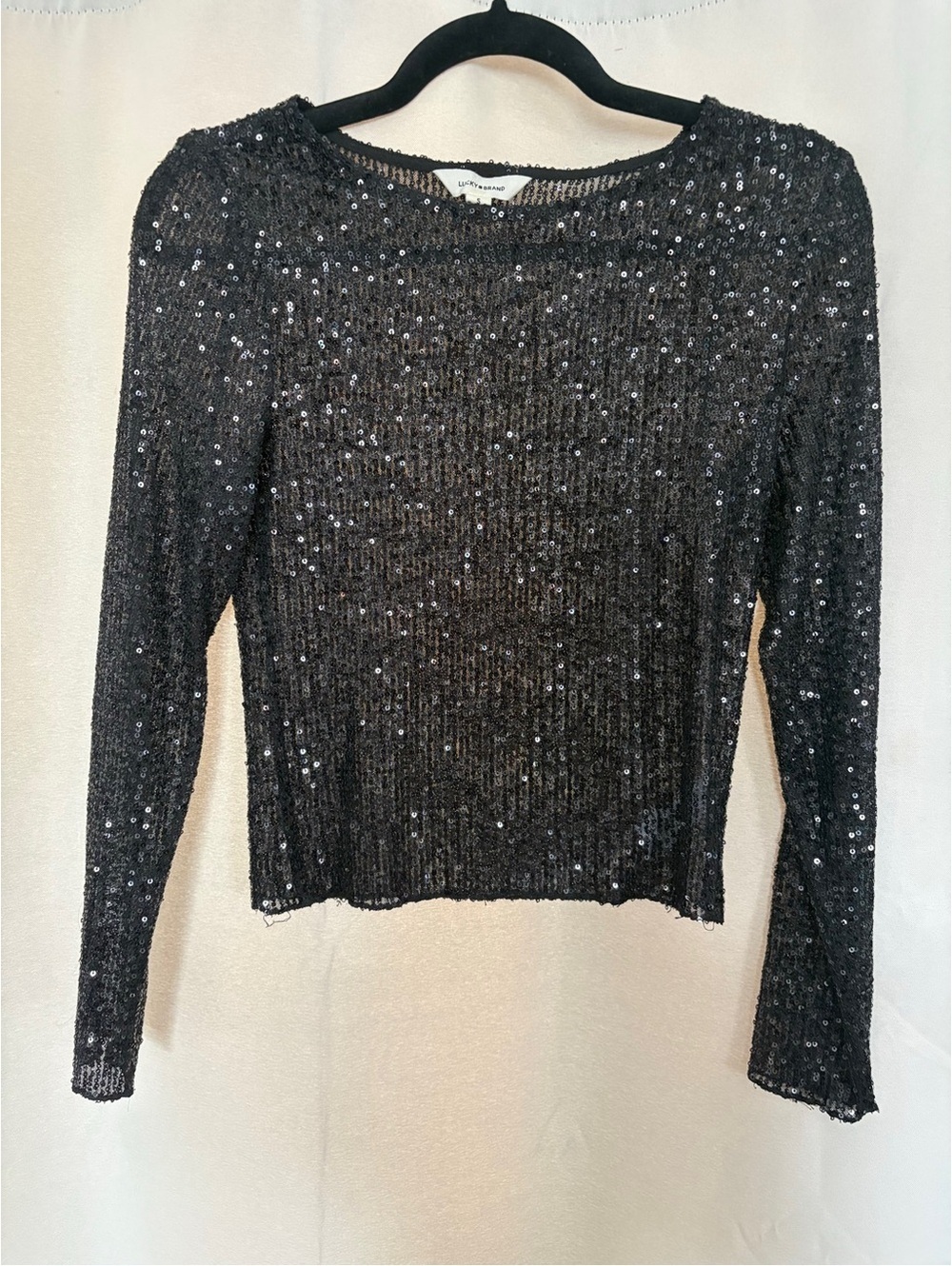 Lucky Brand Women's Black Sequin Long Sleeve Party Crop Top Blouse Size S